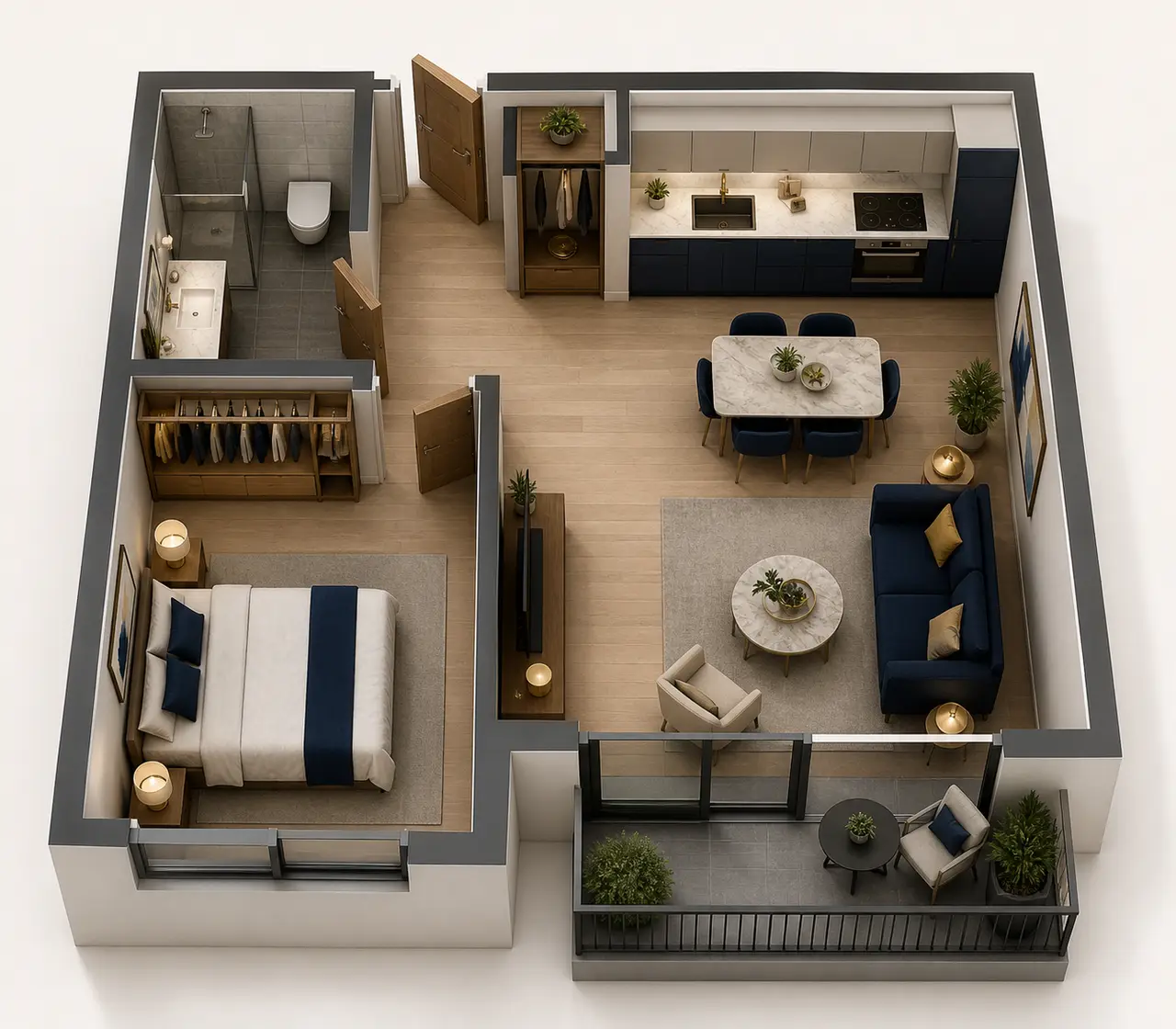Sobha Chikkagubbi 1 BHK serviced apartment floor plan with bedroom, living-dining area, kitchen, bathroom and balcony