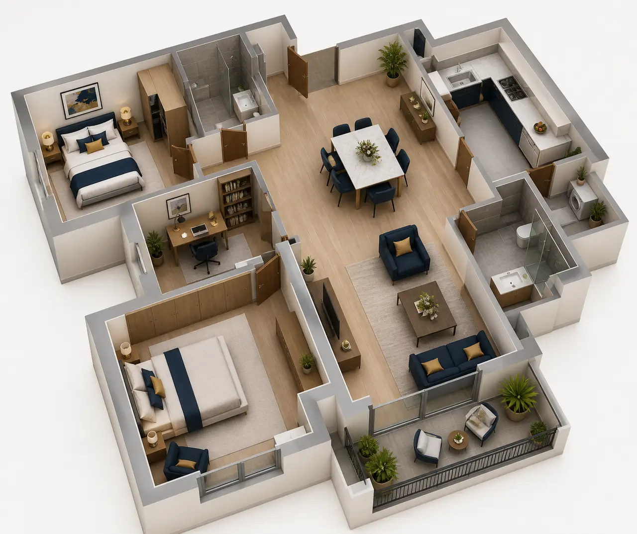 Sobha Chikkagubbi 2 BHK home office floor plan with two bedrooms, study, living-dining area, kitchen and balcony
