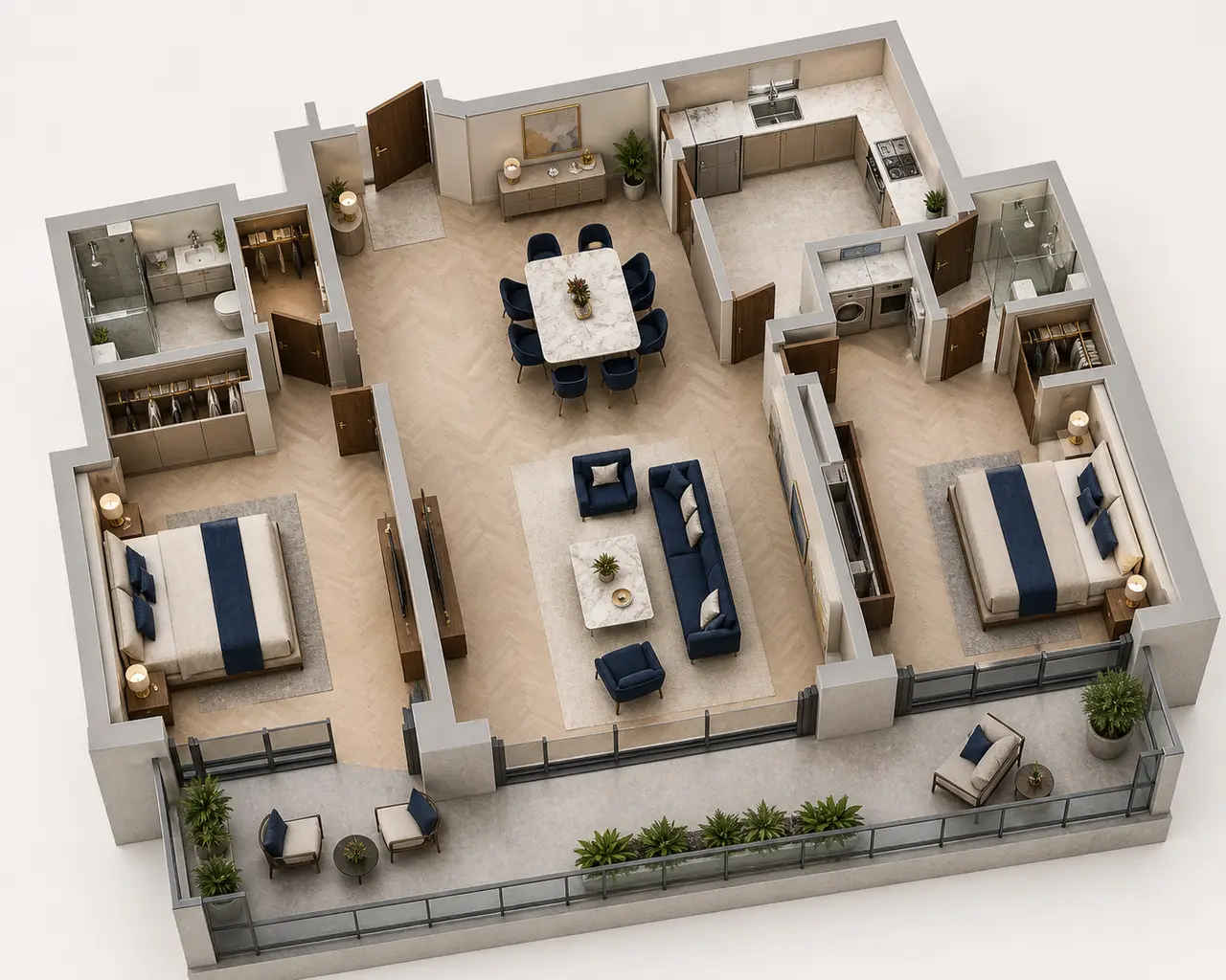 Sobha Chikkagubbi 2 BHK Luxe floor plan with two bedrooms, living-dining area, kitchen, bathrooms and balcony