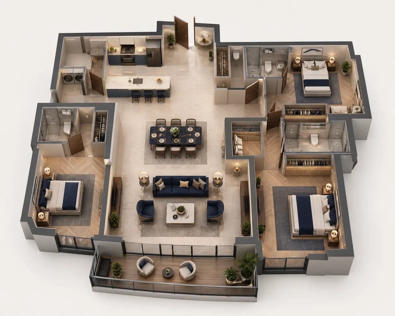 Sobha Chikkagubbi 3 BHK Luxe floor plan with three bedrooms, living-dining area, kitchen, bathrooms and balcony