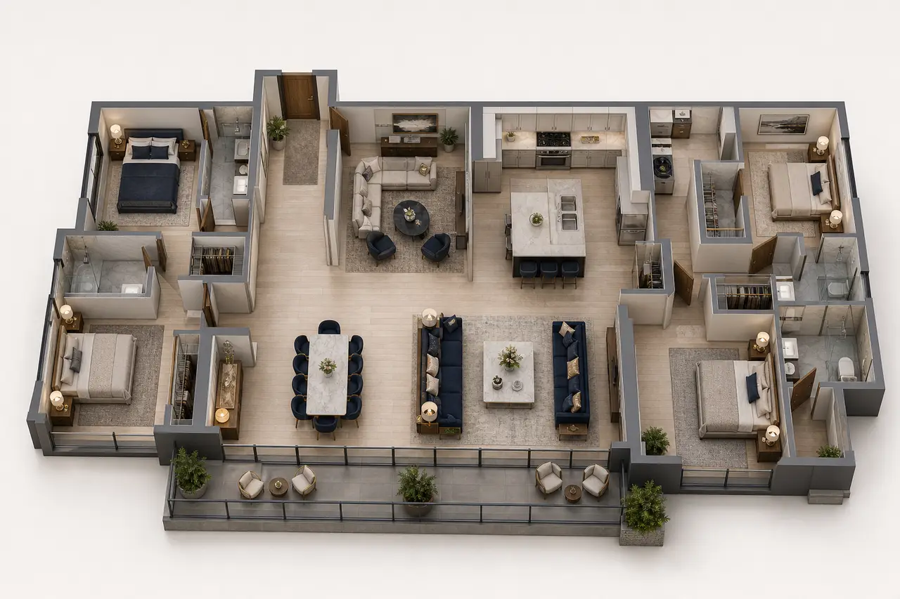 Sobha Chikkagubbi 4 BHK Luxe floor plan with four bedrooms, three bathrooms, living-dining areas, kitchen and balcony