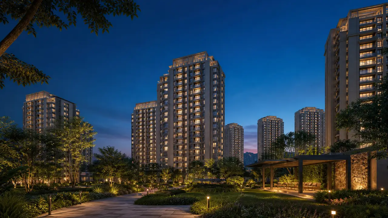 Sobha Chikkagubbi apartments and landscaped gardens in an evening view