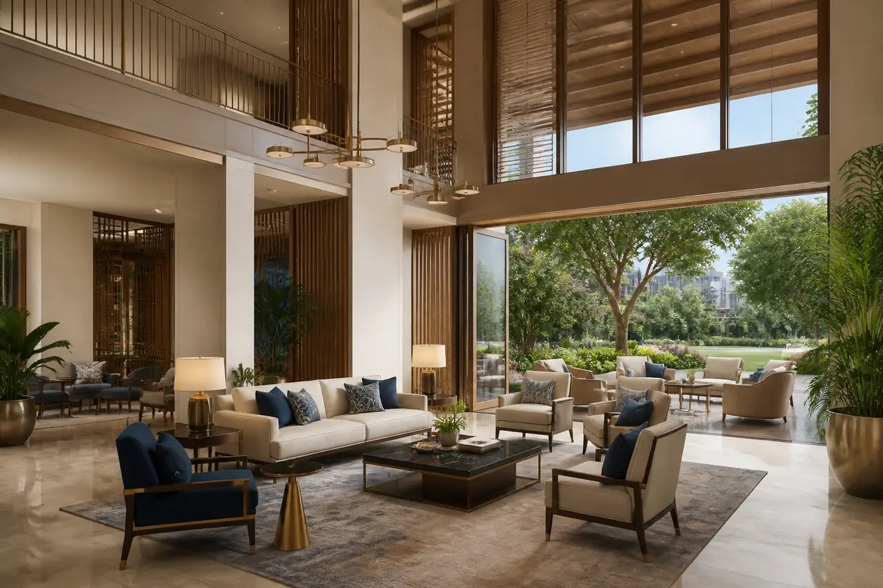 Sobha Chikkagubbi clubhouse lounge with double-height seating and garden views