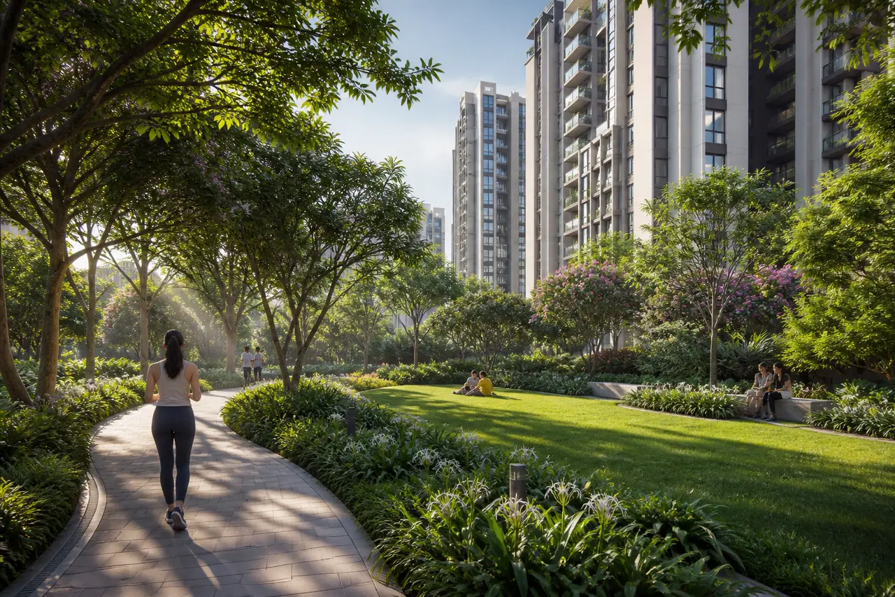 Sobha Chikkagubbi landscaped garden with a tree-lined walking path