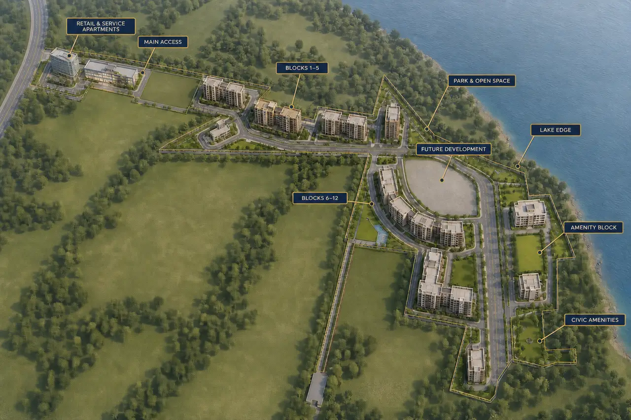 Oblique 3D project plan showing the commercial precinct, residential block groups, amenity block, future-development parcel, civic and open spaces, access and lake edge